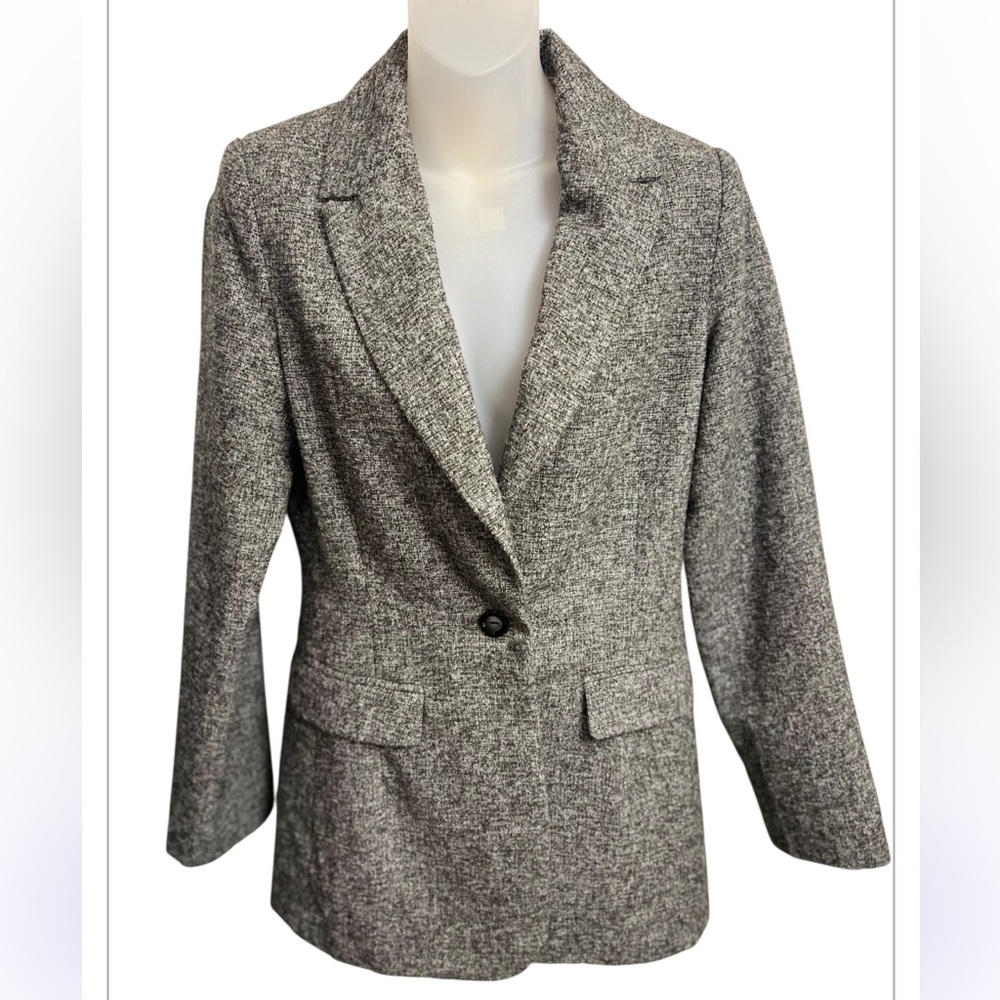 TravelSmith Gray Tweed Blazer Jacket Size 6 One Button Lined Workwear Career